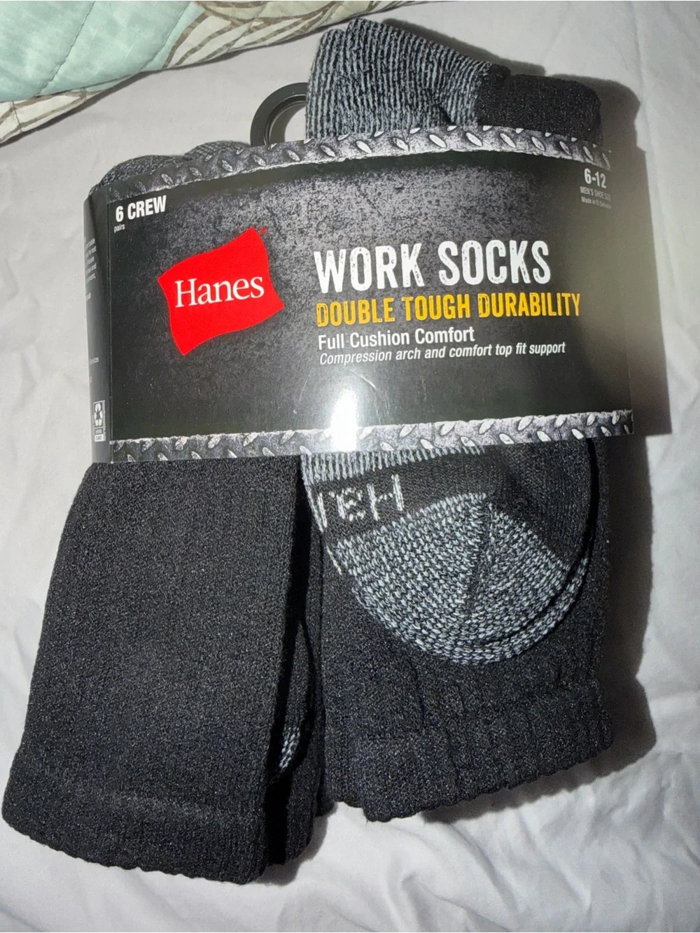 Hanes Men’s Crew Work Socks - Black & Gray (6 Pack) new